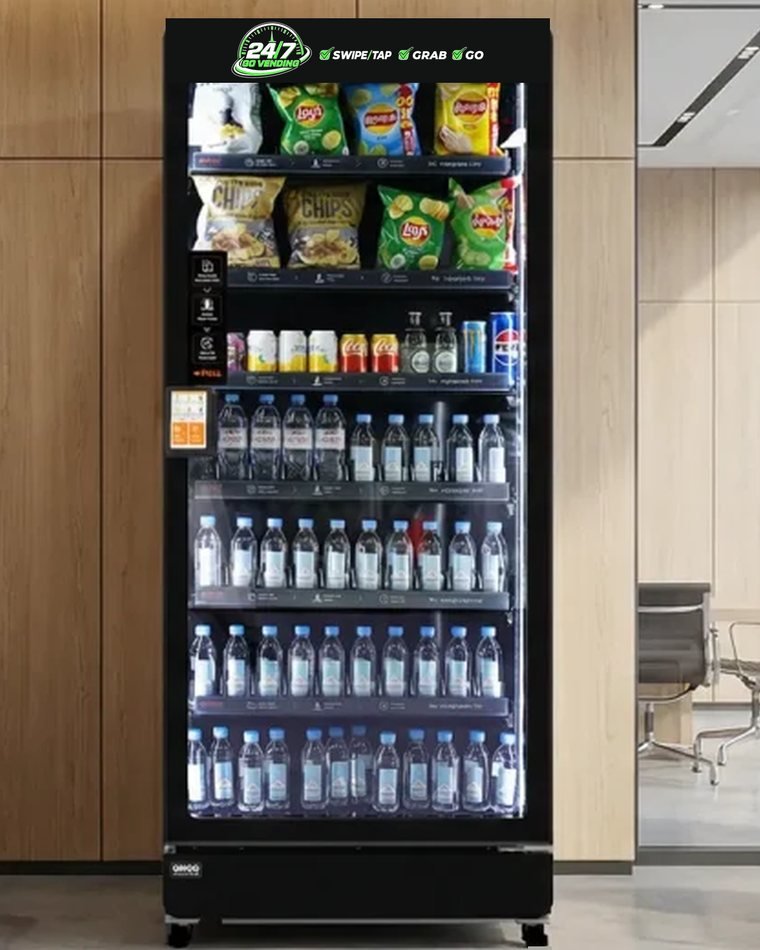24/7 Go Vending snack and drink combo machine in an office lobby